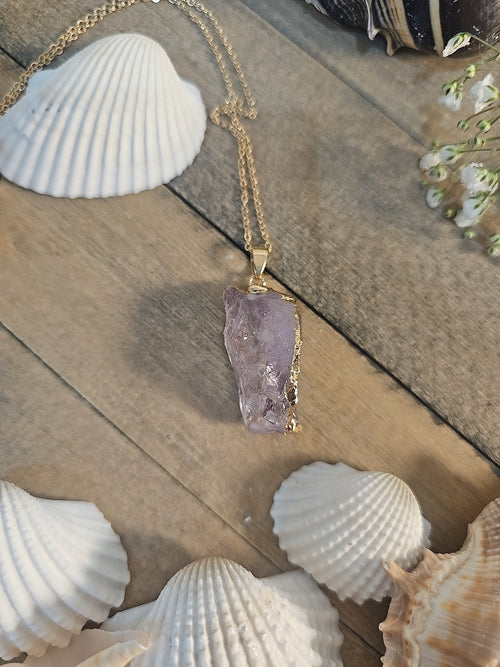 Gold Plated Natural Stone Pendant - Amethyst